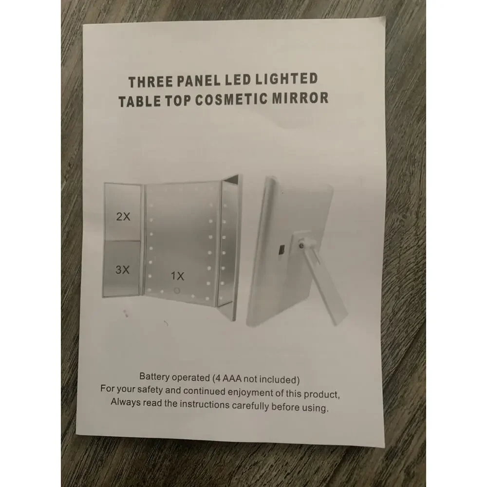 NEW IN BOX BLACK 3 PANEL LED LIGHTED TABLE TOP COSMETIC MIRROW WITH 2X, 3X